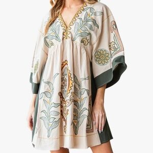Womens Floral Embroidered Loose Fit V Neck Babydoll Dress